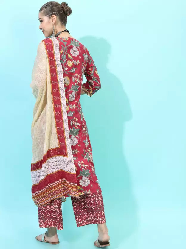 Women Red Floral Cotton Blend Kurta set