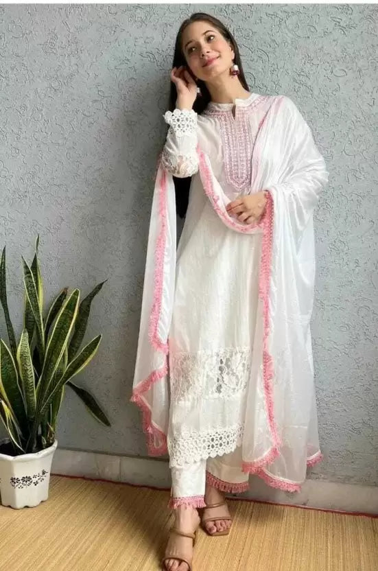 Women Pure Cotton Pink and White Kurta set with Lace Cuff