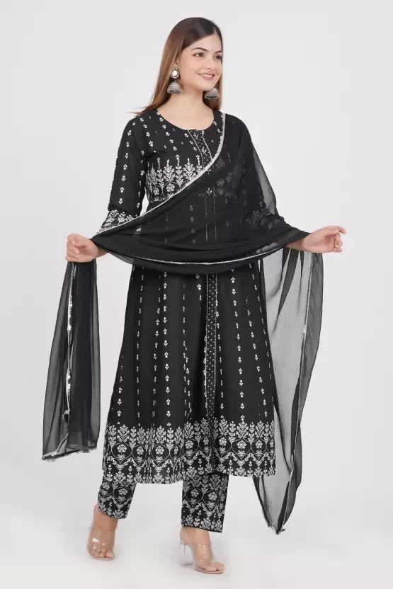 Black Embroidered Kurta, Trouser/Pant & Dupatta Set