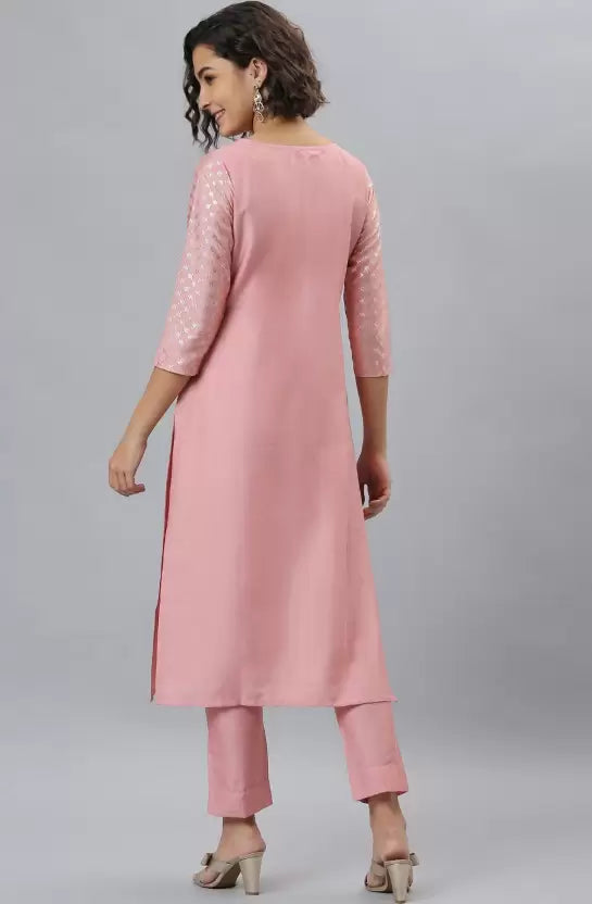 Women Coral Pink Viscose Rayon Kurta and Pant Set
