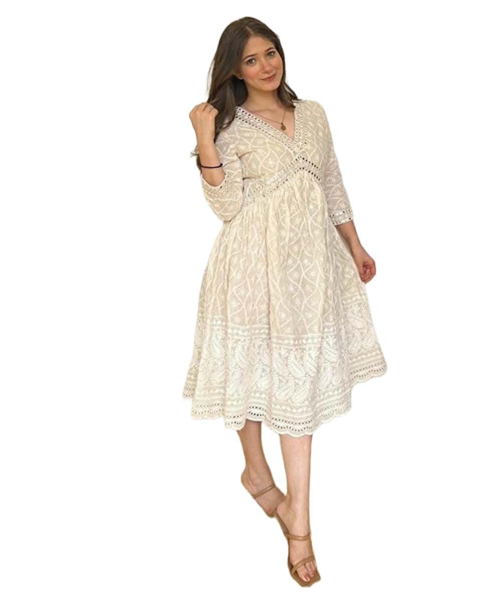 Women Chikan Embroidery Cotton Blend Flared Kurta (White)