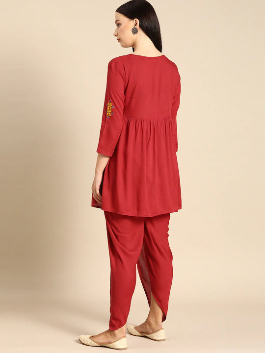 Women Red Yoke Design A-Line Kurta with Dhoti Pants