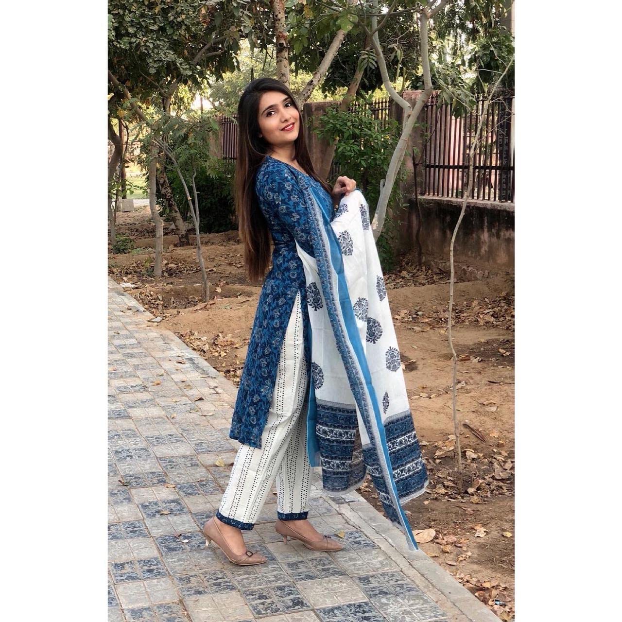Women Blue Indigo Color Floral Printed Kurta and Palazzo Set with Dupatta