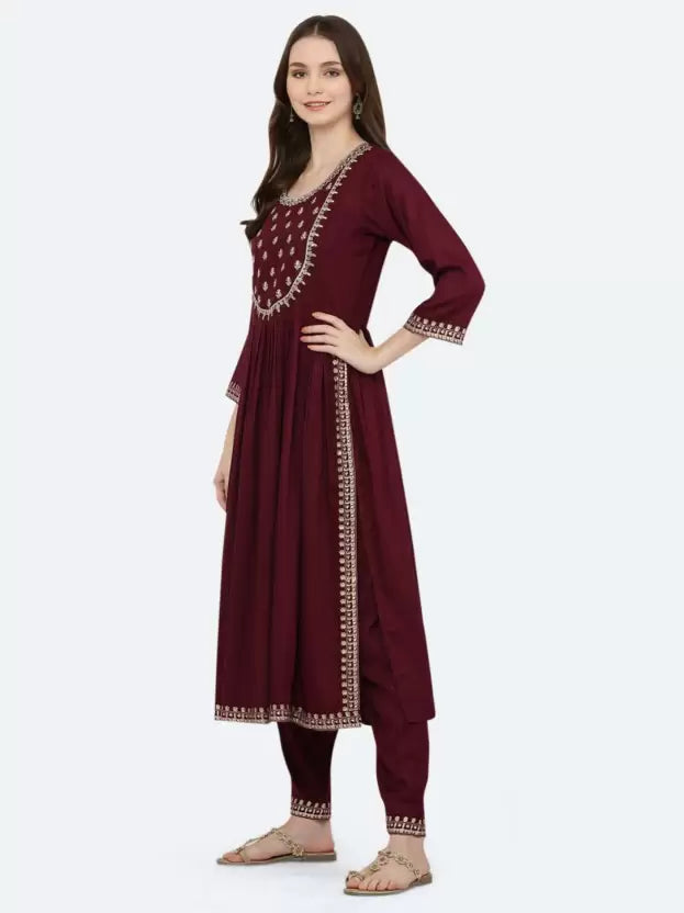 Women Viscose Rayon Maroon Kurta and Pant Set