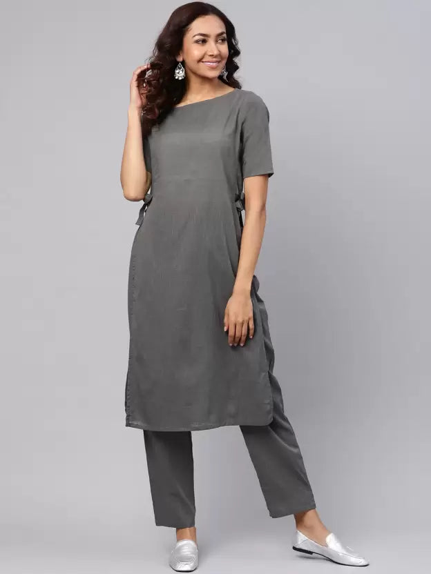 Women Grey Cotton Blend Tie-side Kurta set