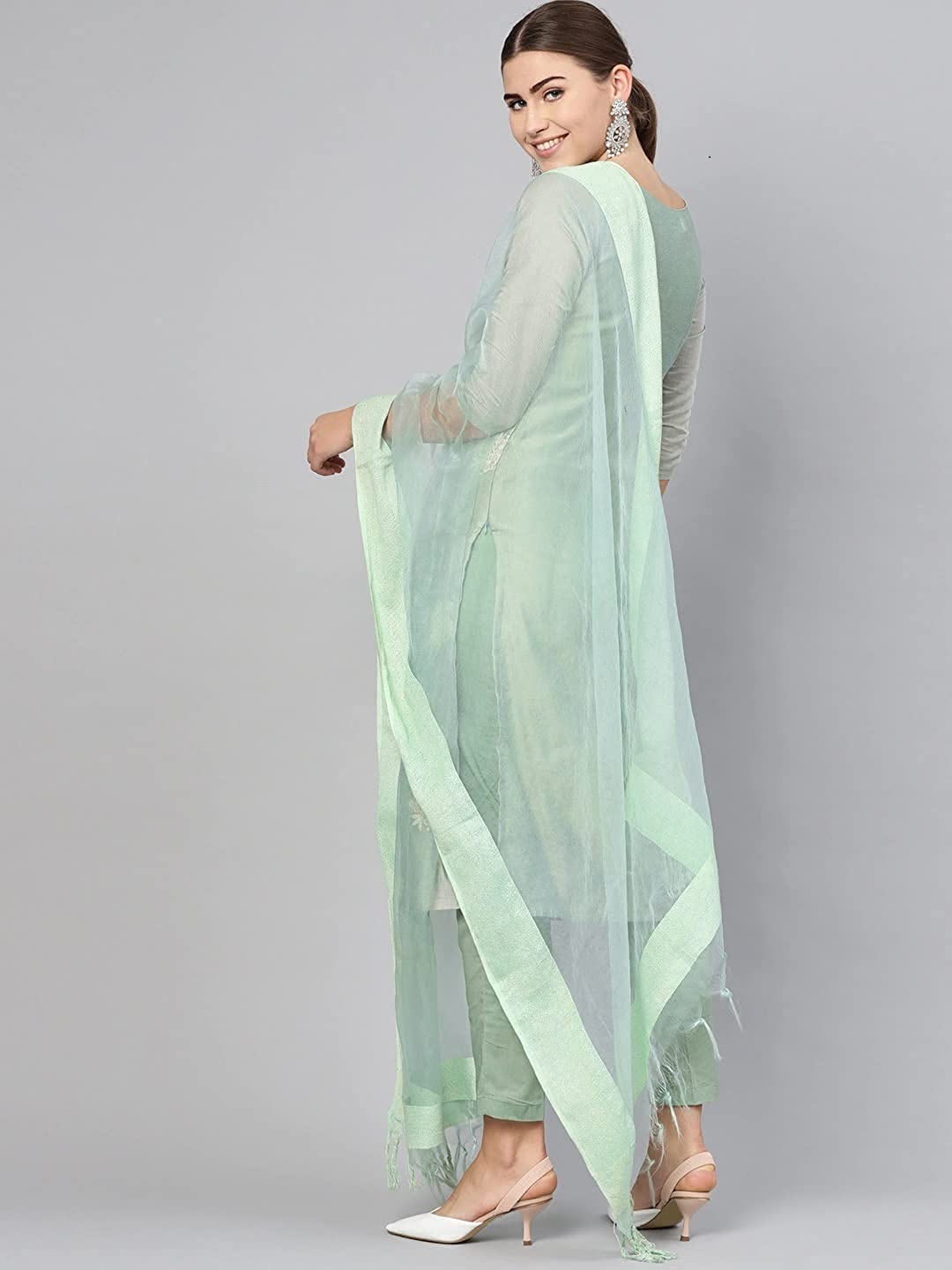 Women's Mint Cotton Blend Straight Embroidered Kurta with Pant & Dupatta