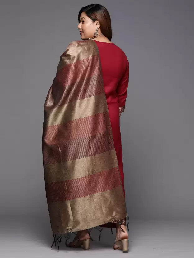 Women Cotton Blend Maroon Kurta, Pant And Dupatta Set
