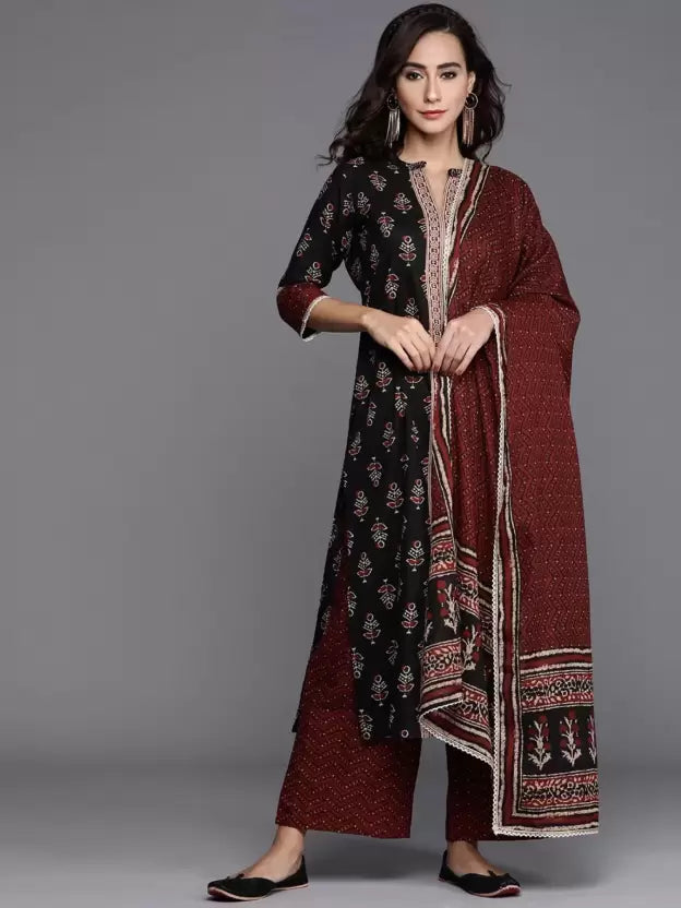 Women Cotton Kurta set with Palazzo & Dupatta