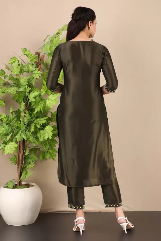 Women Dark Olive Green Art Silk Kurta and Palazzo Set with Yellow shawl