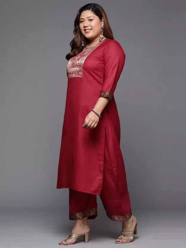 Women Cotton Blend Maroon Kurta, Pant And Dupatta Set