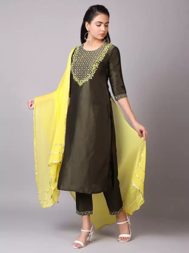 Women Dark Olive Green Art Silk Kurta and Palazzo Set with Yellow shawl
