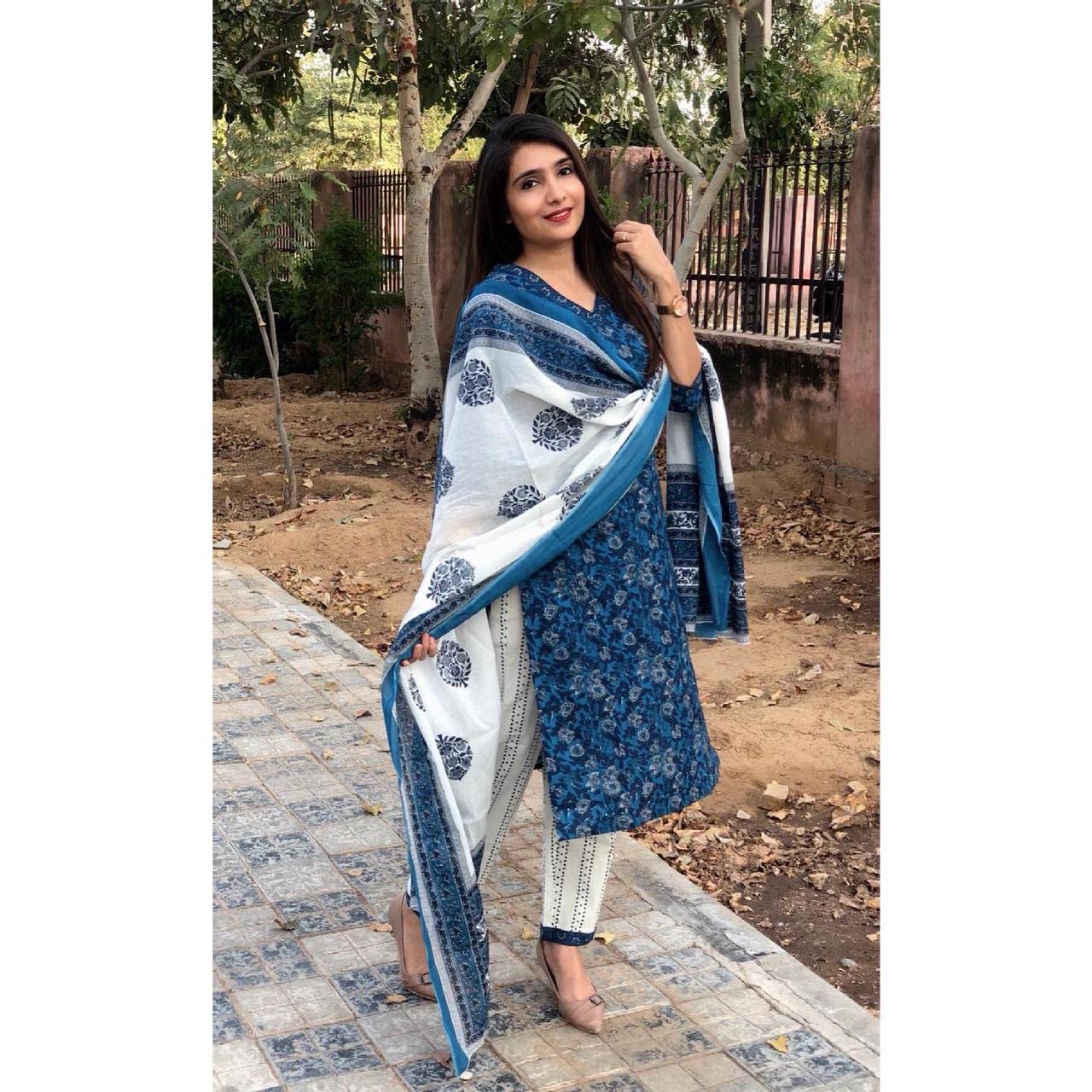 Women Blue Indigo Color Floral Printed Kurta and Palazzo Set with Dupatta
