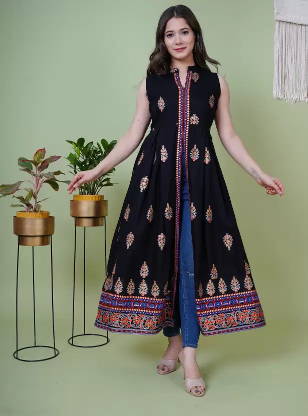Women Printed Viscose Rayon Front-slit Kurta