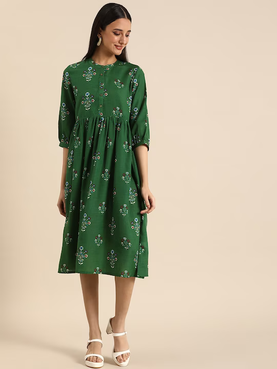 Floral Empire Flared Dress With Gathers Detail