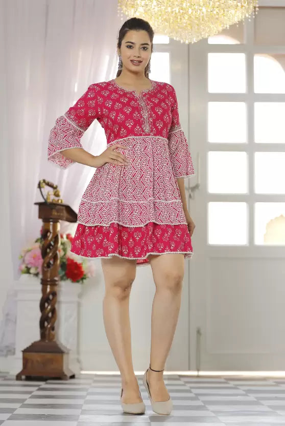 Casual Regular Sleeves Printed Women Pink Baby Doll Top/ Dress