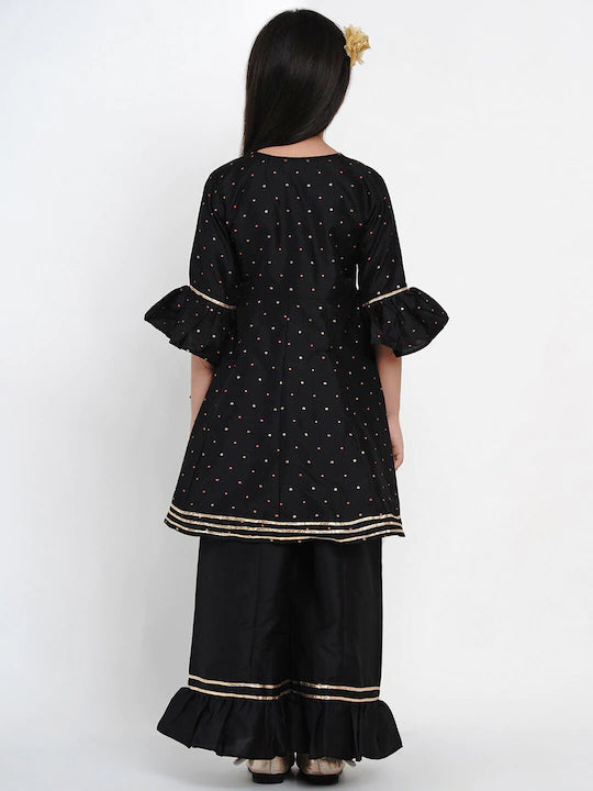 Girls Black & Gold-Toned Print & Striped Kurta with Palazzos