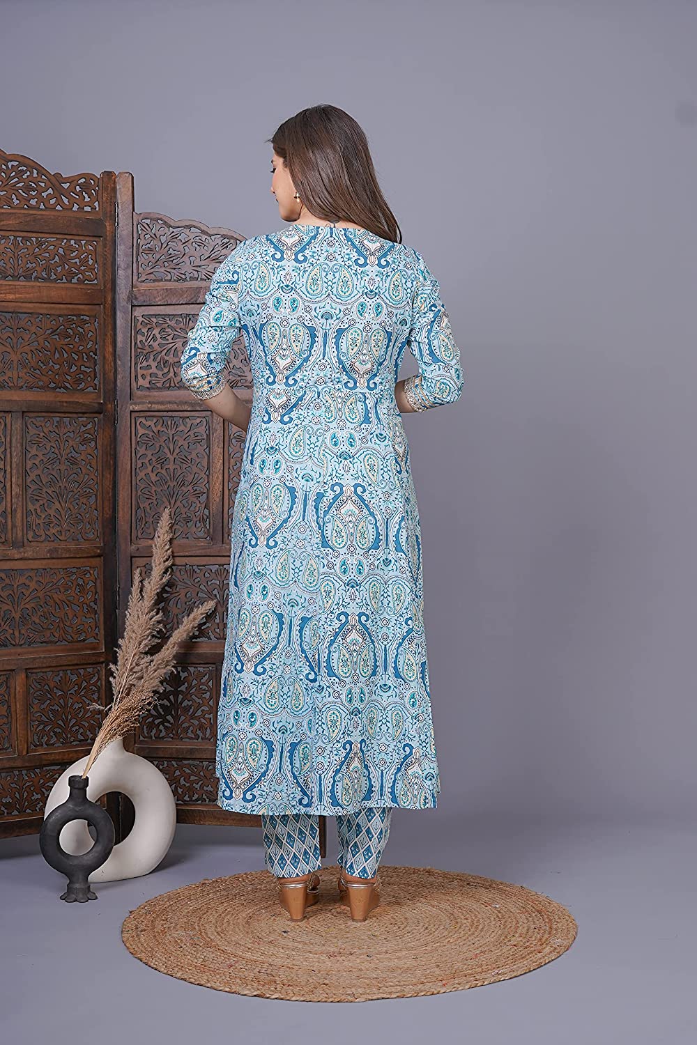 Women's Cotton Printed Anarkali Kurta with Palazzo & Dupatta Set