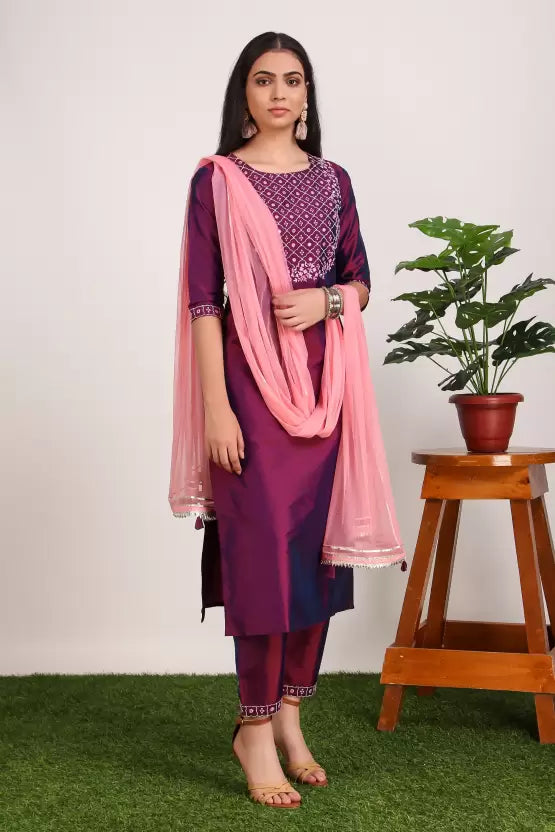 Women Art Silk Green Kurta Pant And Dupatta Set