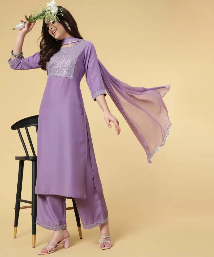 Women Purple Silk Blend Kurta and Palazzo Set