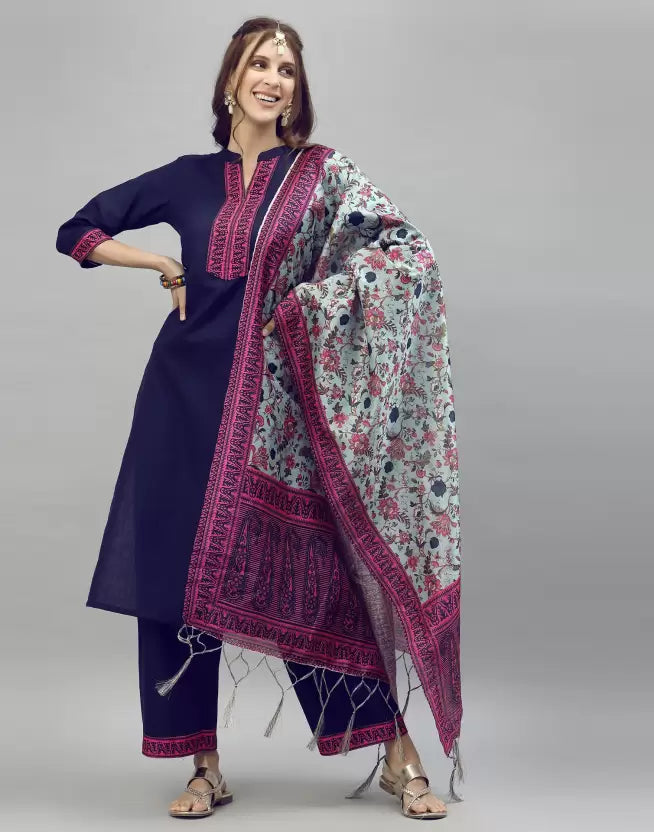 Women Blue Cotton Blend Kurta and Palazzo Set with Floral Dupatta