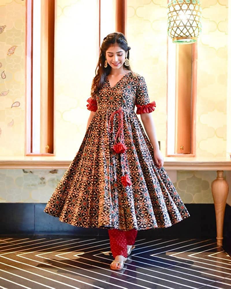 Women's Cotton Blend Printed Anarkali Kurta with Pant