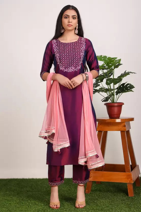 Women Art Silk Green Kurta Pant And Dupatta Set