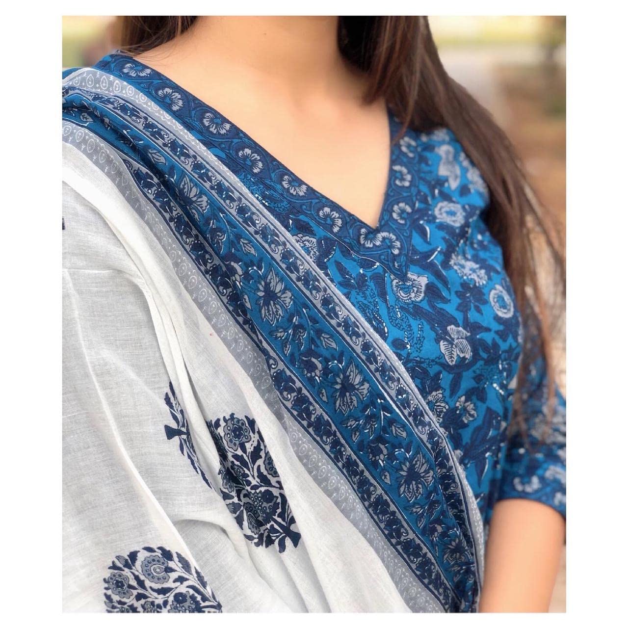 Women Blue Indigo Color Floral Printed Kurta and Palazzo Set with Dupatta