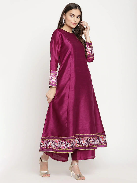 Women Purple Printed Gotta Patti Kurti with Palazzos & Dupatta
