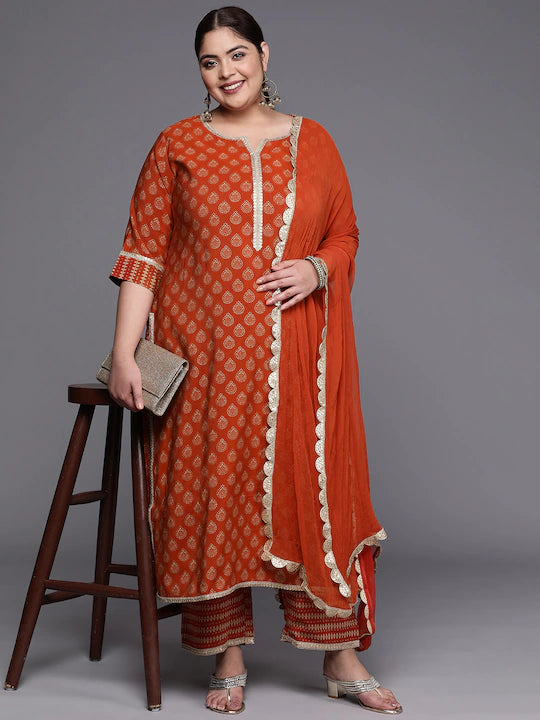 Women Plus Size Printed Gotta Patti Kurta With Palazzos & With Dupatta