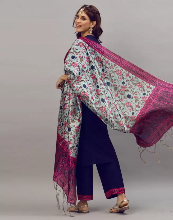 Women Blue Cotton Blend Kurta and Palazzo Set with Floral Dupatta