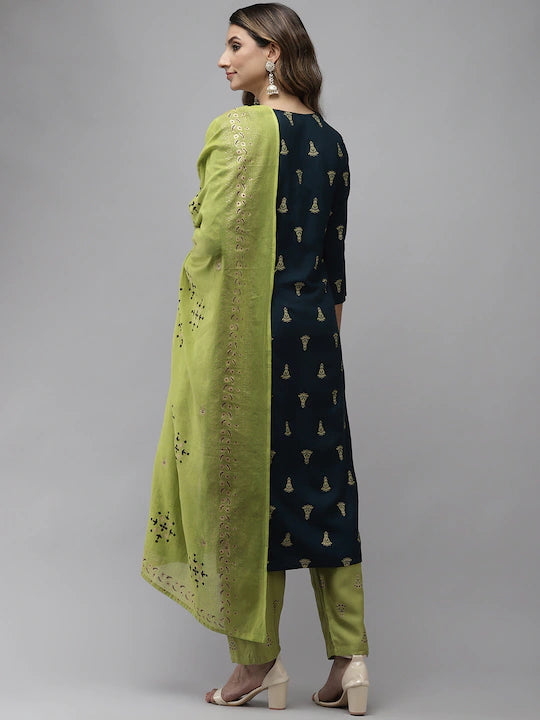 Women Navy Blue & Green Ethnic Motifs Printed Regular Kurta with Trousers & Dupatta