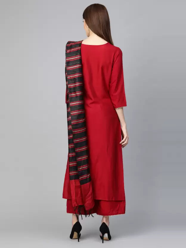 Women Cotton Blend Red Kurta set with striped Dupatta