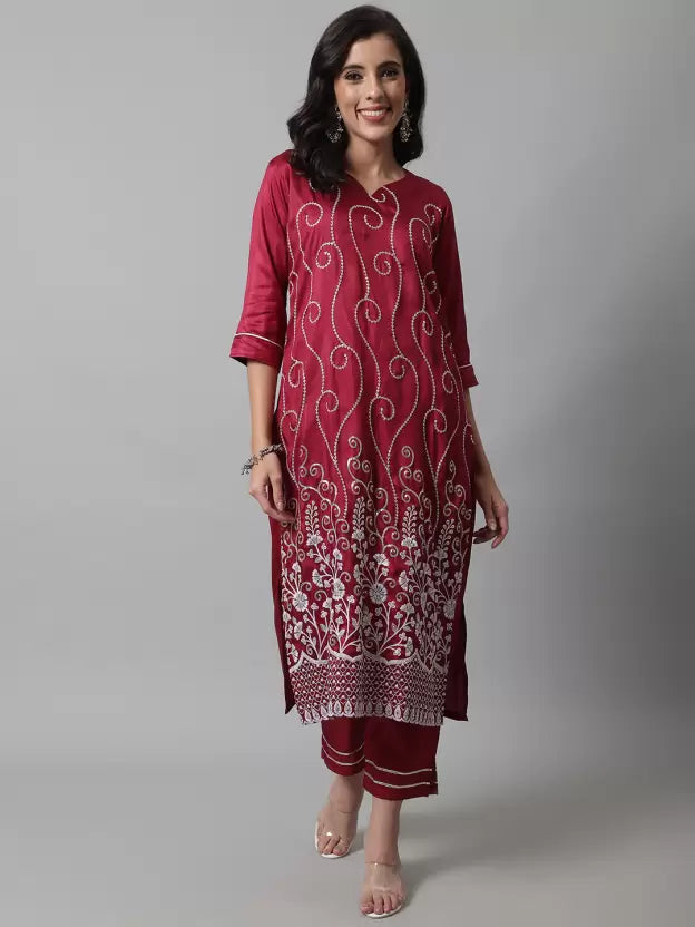 Women Embroidered Cotton Silk Kurta, Pant And Dupatta Set