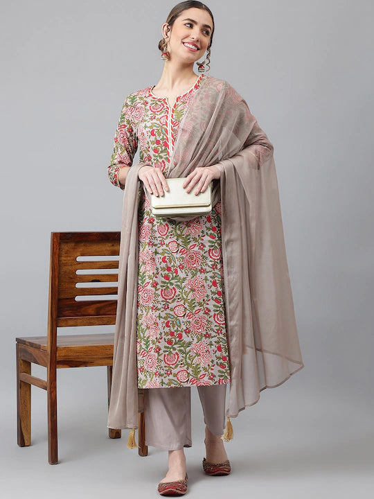 Women Grey Floral Printed Kurta with Trousers & With Dupatta