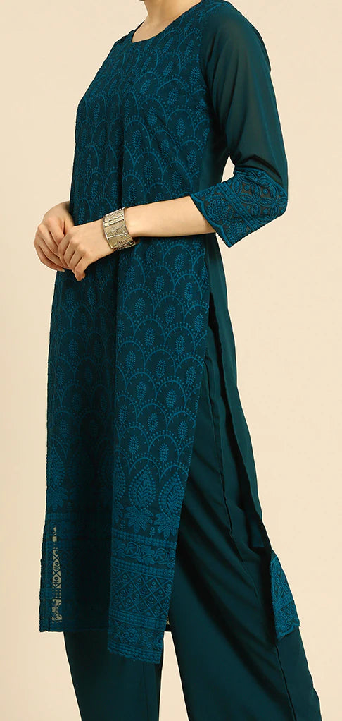 Women Teal Ethnic Motifs Embroidered Regular Kurta with Palazzos & With Dupatta