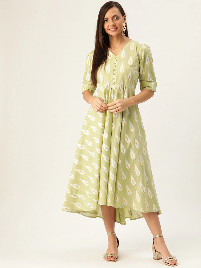 Women Green & White Block Printed A-Line Dress