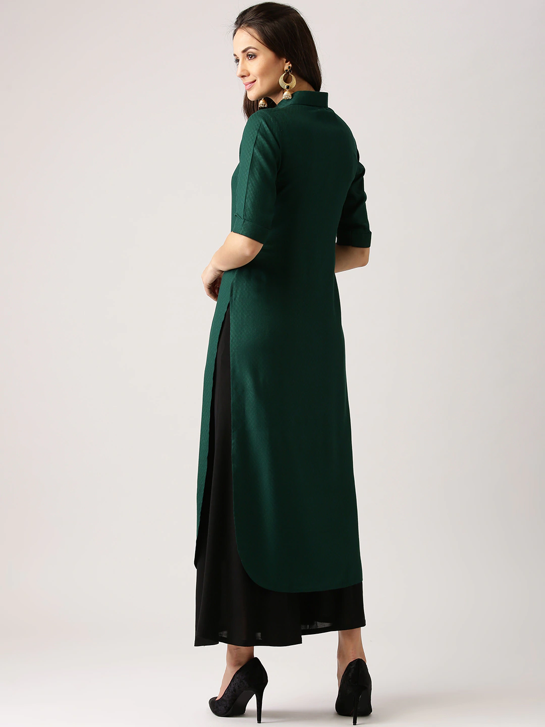 Green Patterned Kurta With Shirt Collar