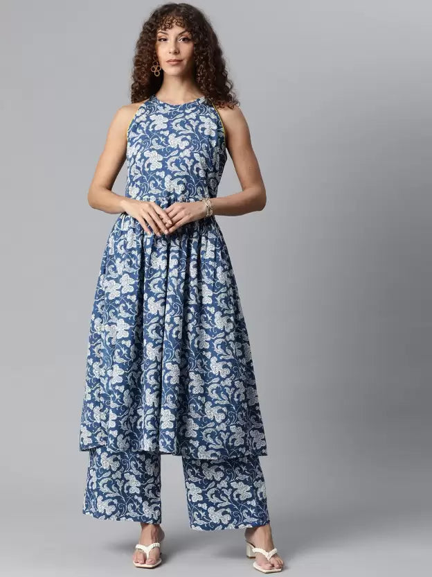 Women Blue SleevelessViscose Rayon Kurta and Palazzo Set