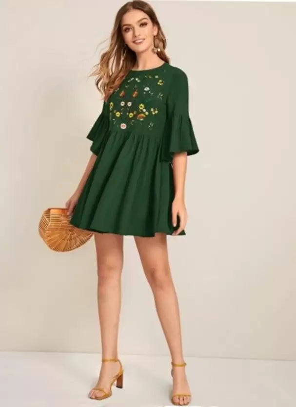 Casual Regular Sleeves Embroidered Women Green Top
