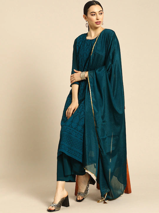 Women Teal Ethnic Motifs Embroidered Regular Kurta with Palazzos & With Dupatta