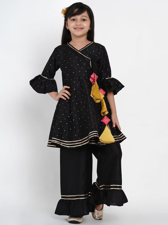 Girls Black & Gold-Toned Print & Striped Kurta with Palazzos