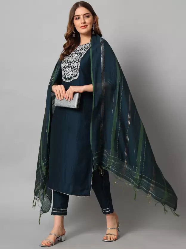 Women Kurta, Pant And Dupatta Set Silk Blend