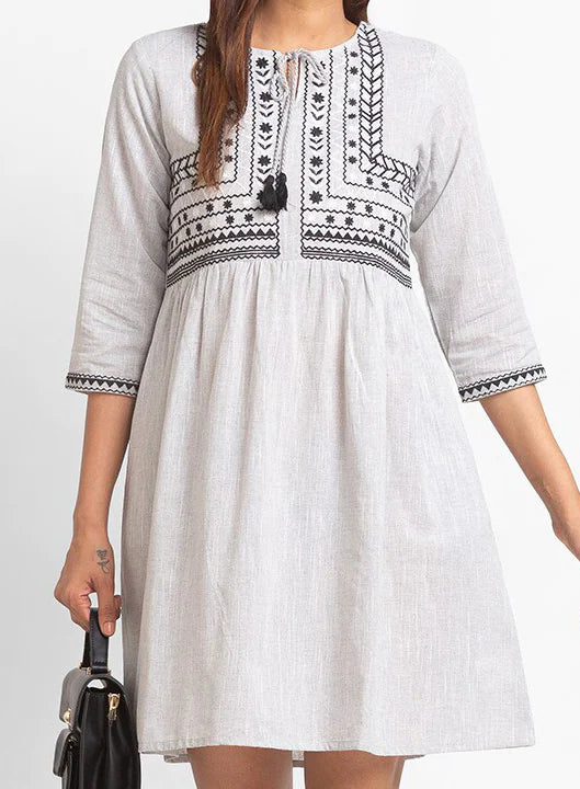 Grey Cotton Ethnic Motifs Dress