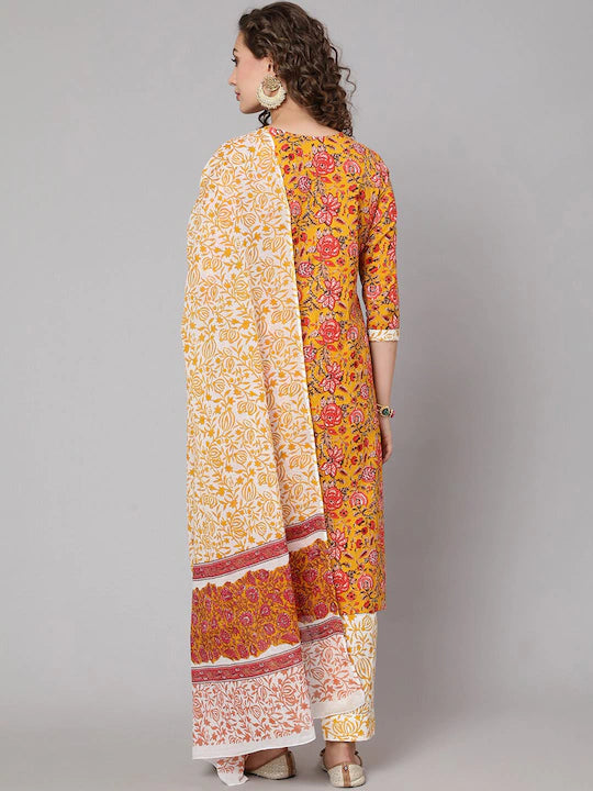 Women Yellow Floral Panelled Cotton Kurta Set