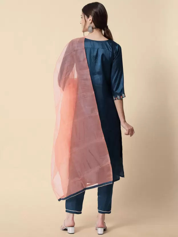 Women Blue Art Silk Kurta, Pant And Dupatta Set