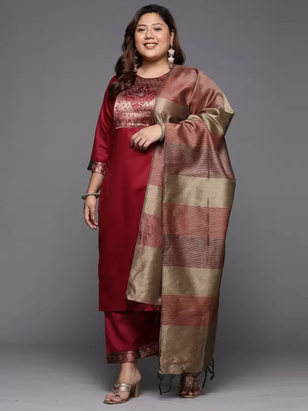 Women Cotton Blend Maroon Kurta, Pant And Dupatta Set