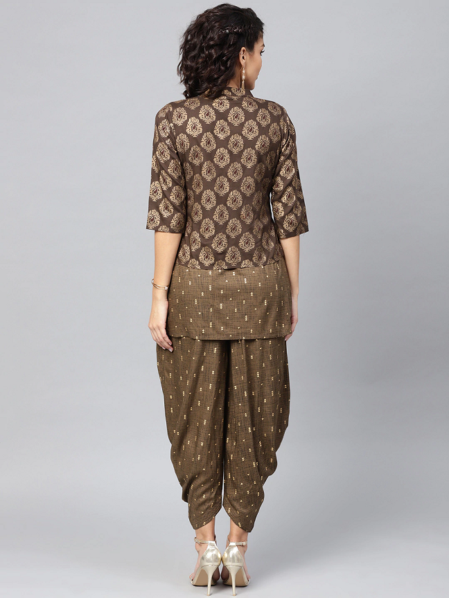 Olive Brown & Golden Printed Kurti with Dhoti Pants & Ethnic Jacket