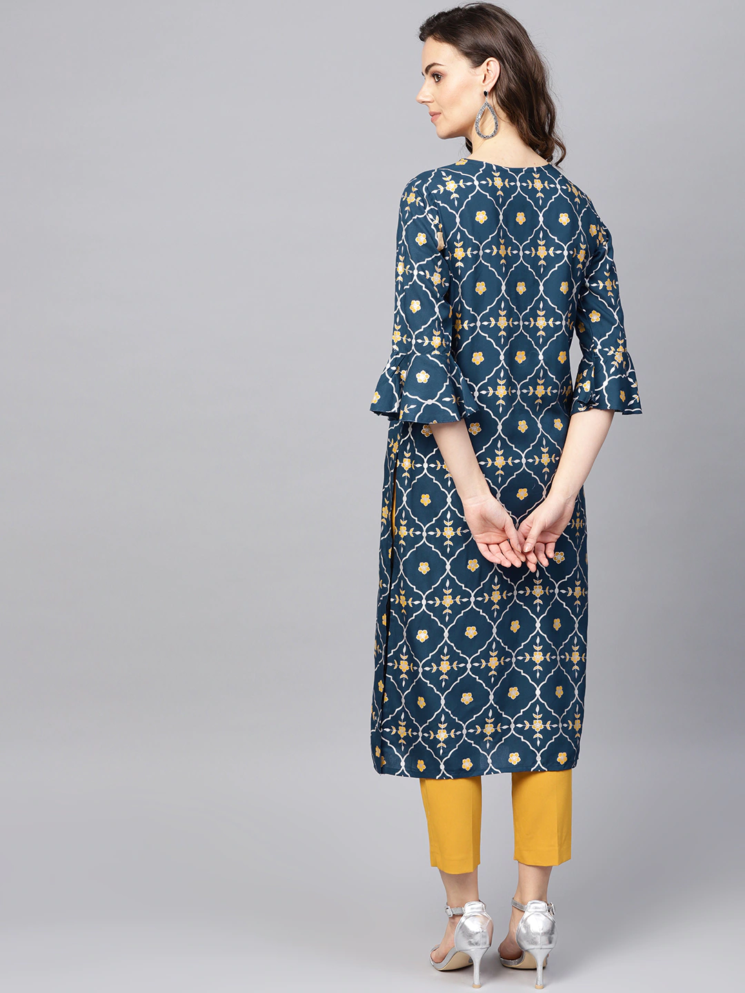 Women Navy Blue & Grey Printed Straight Kurta