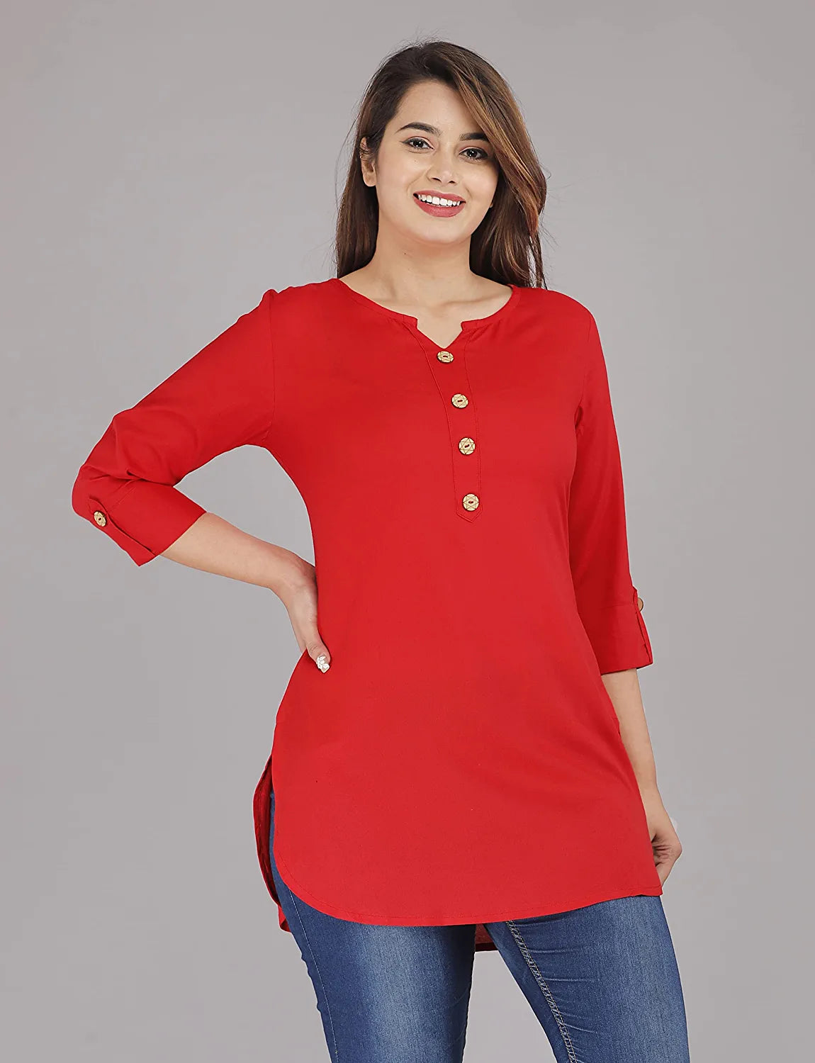 Women Plain Rayon Buttoned Top