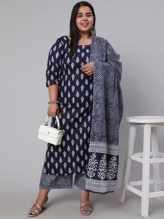 Women Plus Size Floral Printed Pure Cotton Kurta with Palazzos & With Dupatta